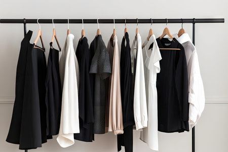 minimalist wardrobe, with a variety of basic pieces, including black and white tops and dresses, created with generative aiの素材