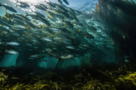 large school of fish swimming among the kelp, created with generative aiの素材