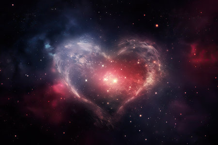 heart, surrounded by swirling nebula of the universe, with twinkling stars in background, created with generative aiの素材