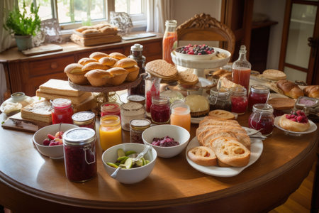 gourmet breakfast spread, with freshly baked breads, jams and jellies, created with generative aiの素材