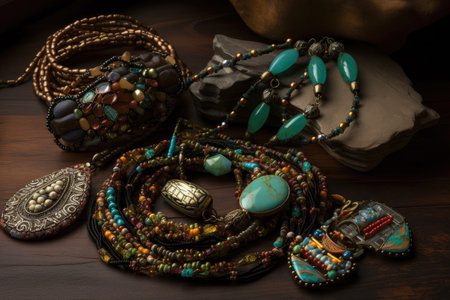 collection of beautifully crafted jewelry, featuring intricate beadwork and gemstones, created with generative aiの素材
