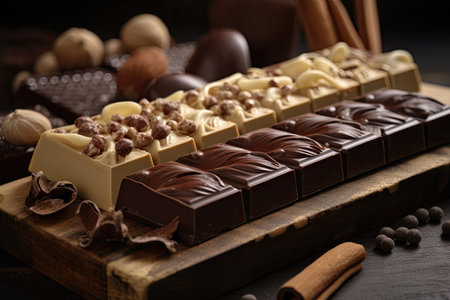 close-up of gourmet chocolate bar, with ingredients and flavors visible, created with generative aiの素材