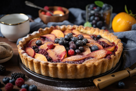 fruit pie with cinnamon and sugar sprinkled on top, ready to be served, created with generative aiの素材