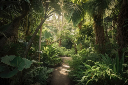 tropical forest with lush foliage and exotic plants, created with generative aiの素材