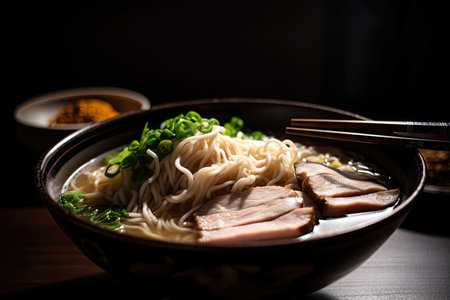 close-up of japanese tonkotsu ramen, with steamy broth and slow simmering noodles, created with generative aiの素材