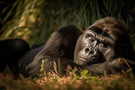 gorilla lying in the warm sun, with its eyes closed and peaceful, created with generative aiの素材