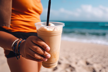 person, enjoying iced coffee latte on relaxing beach vacation, created with generative aiの素材