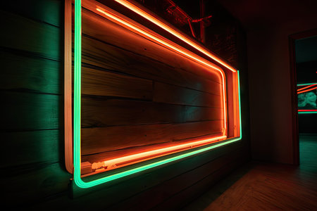 neon frame on sleek wooden wall with a close-up of the neon tube itself for added impact, created with generative aiの素材