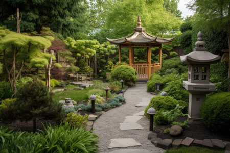 serene garden with tall pagoda and lanterns for a tranquil setting, created with generative aiの素材