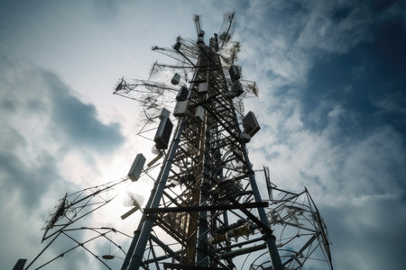 5g network tower, with cables strewn across the ground, created with generative aiの素材