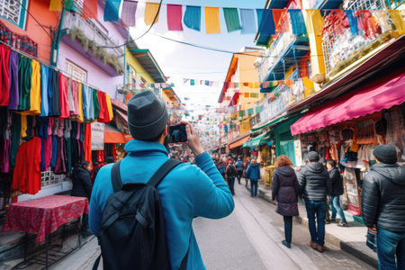 tourist exploring colorful street market, with camera in hand, created with generative aiの素材