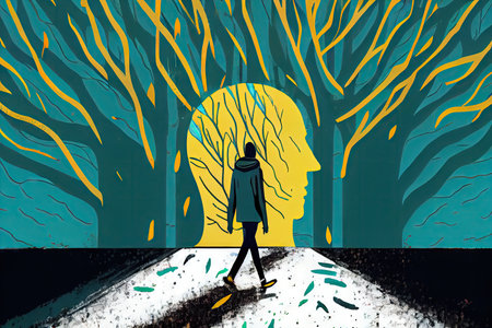 person on mental health walk, with clear and calm artwork style, created with generative aiの素材
