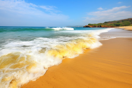 golden beach scene with view of crystal clear ocean and towering waves, created with generative aiの素材