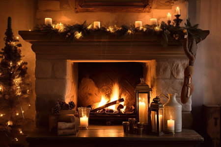 a rustic fireplace with a warm fire and twinkling lights, surrounded by candles and ornaments, created with generative aiの素材