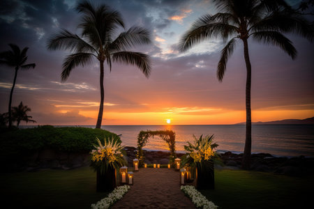 ceremony setting with view of the sunset, on a beach, or in a park, created with generative aiの素材