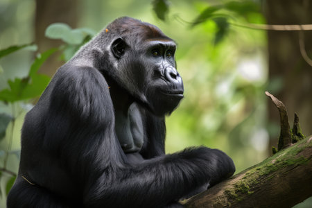 gorilla sitting on tree branch, surveying the forest below, created with generative aiの素材