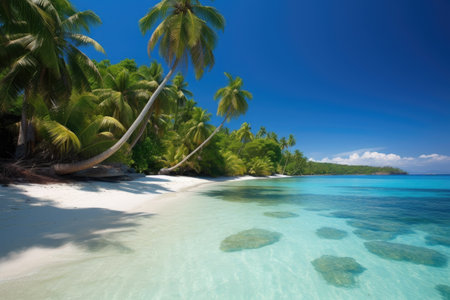 exotic beach with clear blue waters, white sand, and palm trees, created with generative aiの素材