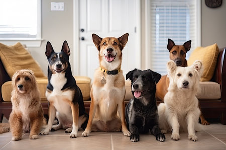 group of dogs sitting in living room, looking at their owners with curious and friendly expressions, created with generative aiの素材