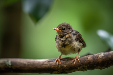 baby bird sitting on branch, ready to take flight, created with generative aiの素材