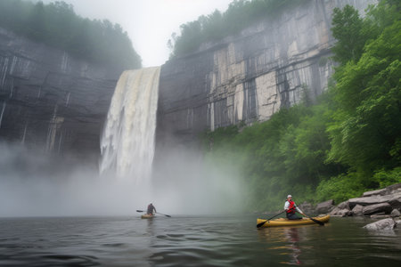 canoeist paddling past towering waterfall, with mist rising in the air, created with generative aiの素材