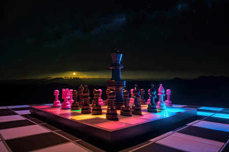 neon chess set on futuristic metal platform, with view of the stars in the night sky, created with generative aiの素材