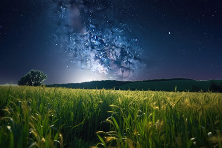 magical night sky, with full moon and stars shining down, above growing harvest, created with generative aiの素材