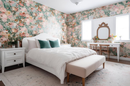 floral wallpaper in bedroom with white furniture, created with generative aiの素材