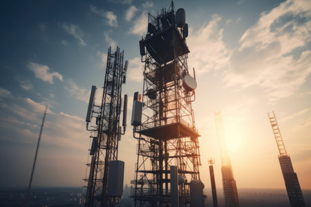 close-up of 5g network tower, with cables and antennas connecting to devices, created with generative aiの素材