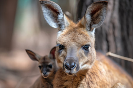 portrait of kangaroo mother cradling its young in the pouch, created with generative aiの素材