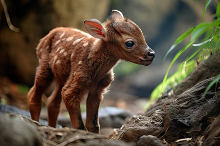 a newborn animal exploring its natural habitat and discovering the world for the first time, created with generative aiの素材