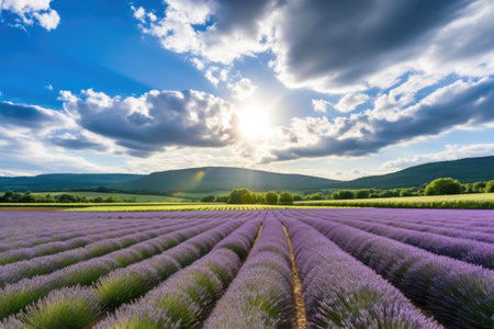 pristine lavender field with rolling hills, sunlight and clouds, created with generative aiの素材
