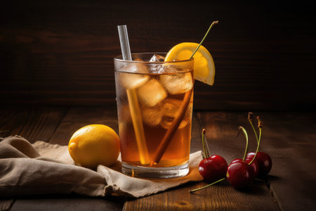 glass of iced tea, with straw and cherry on the side, created with generative aiの素材