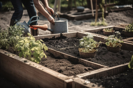 gardener tending to community garden, planting seeds and watering plants, created with generative aiの素材