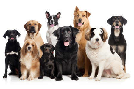 group of dogs, with each one having its own distinct personality and character, looking at camera, created with generative aiの素材