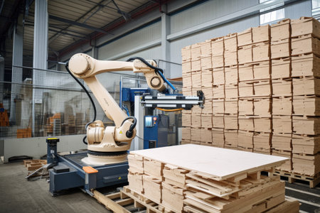 palletizing robot at work, placing items on pallets and wrapping them, created with generative aiの素材