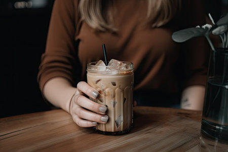 person, enjoying iced coffee latte in cozy and inviting setting, created with generative aiの素材