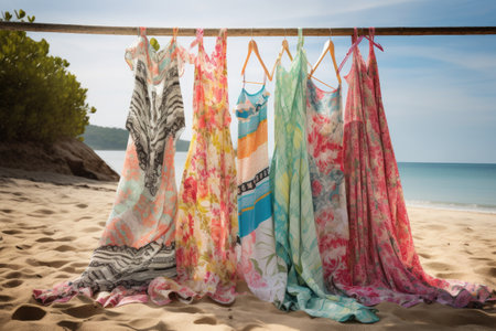 beachwear collection, showcasing mix of prints and patterns, created with generative aiの素材