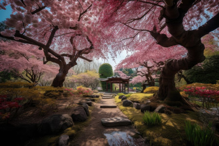 cherry blossom garden, with vibrant colors and textures, bringing serenity, created with generative aiの素材