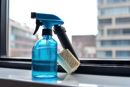 spray bottle of window cleaner, with the blue liquid ready to be sprayed, created with generative aiの素材