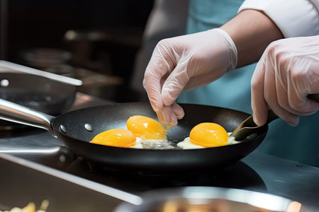 close-up of chefs hands frying eggs in a skillet, created with generative aiの素材
