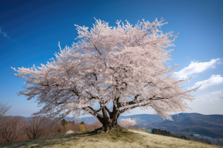 cherry blossom tree in full bloom, with view of the blue sky, created with generative aiの素材
