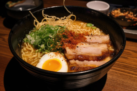 towering ramen bowl filled with hot broth, tender pork belly, and perfectly cooked noodles, created with generative aiの素材