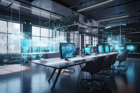 high-tech open office with holographic conference room and floating screens, created with generative aiの素材