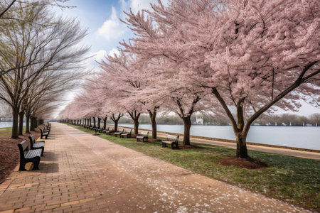 cherry blossom trees, with their pink and white blooms covering the landscape, created with generative aiの素材