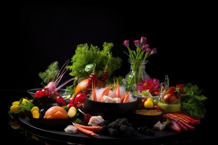 food presentation, with beautifully arranged food on a black background, created with generative aiの素材