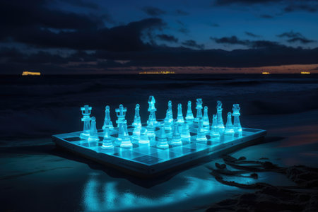 neon chess set on beach, with waves rolling in and gulls flying overhead, created with generative aiの素材