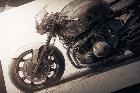 close-up of detailed motorcycle design sketch, with pencil lines and shading visible, created with generative aiの素材