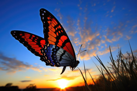butterfly, fluttering past sunrise or sunset, against vibrant blue sky, created with generative aiの素材