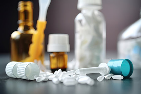close-up of nasal spray bottle, with tissues and other items on the counter visible in the background, created with generative aiの素材