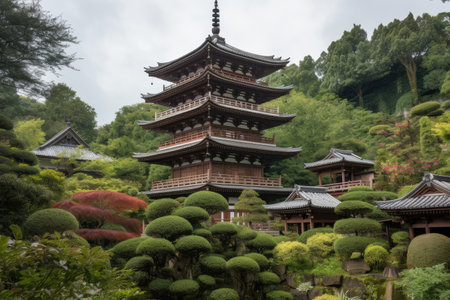 enormous japan pagoda surrounded by lush gardens, with water features and lanterns, created with generative aiの素材